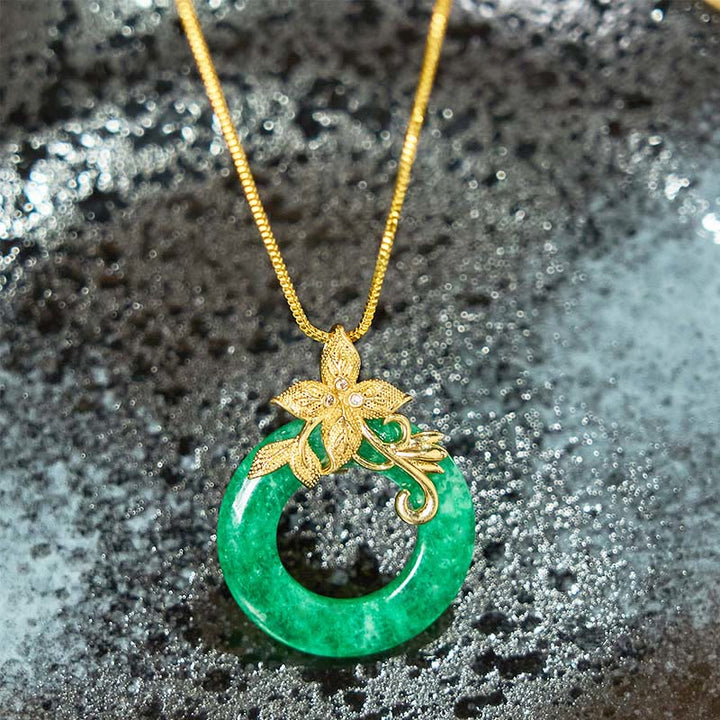 Buddha Stones Cyan Jade Peace Buckle Alloy Flower Healing Luck Necklace Pendant - image 6