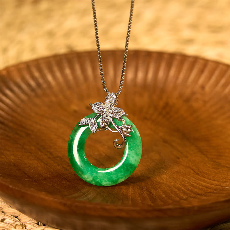 Buddha Stones Cyan Jade Peace Buckle Alloy Flower Healing Luck Necklace Pendant - image 14