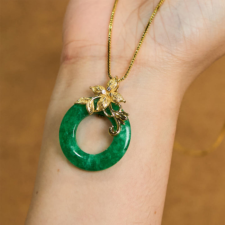 Buddha Stones Cyan Jade Peace Buckle Alloy Flower Healing Luck Necklace Pendant - image 8