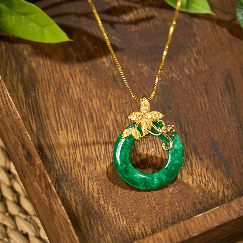 Buddha Stones Cyan Jade Peace Buckle Alloy Flower Healing Luck Necklace Pendant - image 4