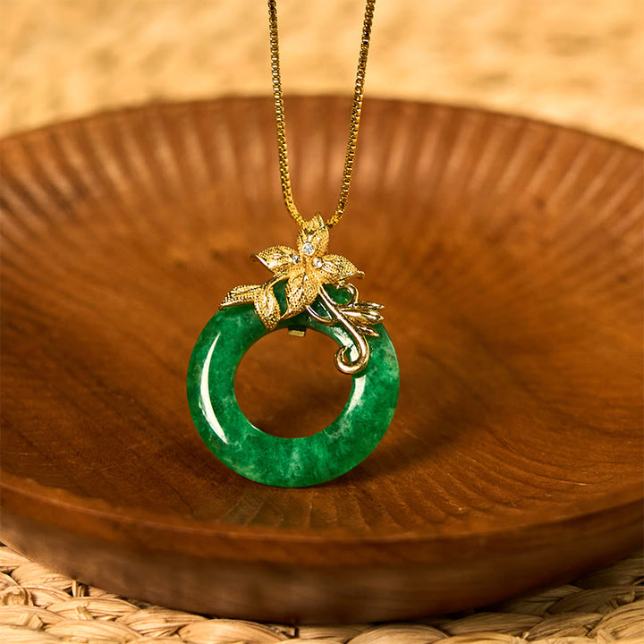 Buddha Stones Cyan Jade Peace Buckle Alloy Flower Healing Luck Necklace Pendant - image 5