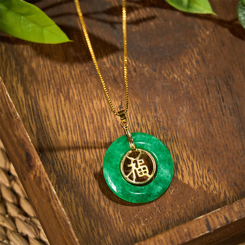 Buddha Stones Cyan Jade Fu Character Peace Buckle Healing Luck Necklace Pendant - Cyan Jade - image 0