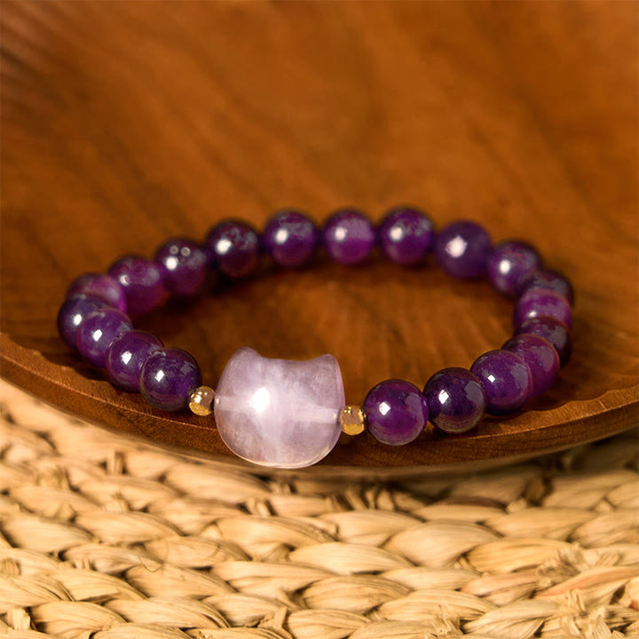 Buddha Stones Amethyst Green Aventurine Rose Quartz Fluorite Cat Head Balance Luck Bracelet - Amethyst(Wrist Circumference: 16-17cm) - image 0
