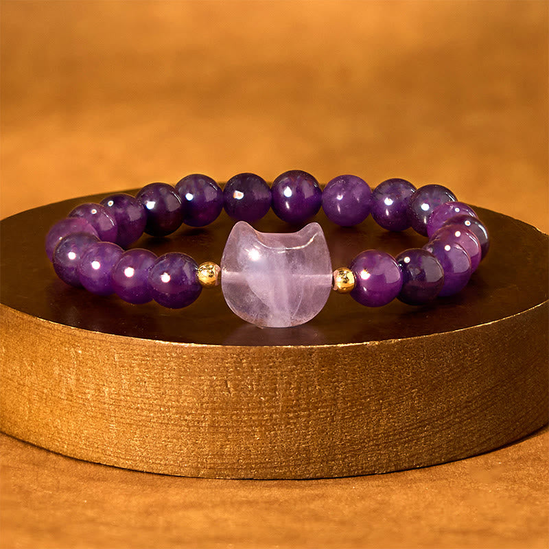 Buddha Stones Amethyst Green Aventurine Rose Quartz Fluorite Cat Head Balance Luck Bracelet - image 1