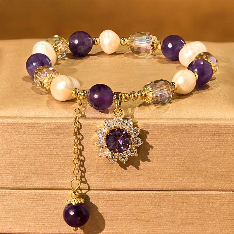 Buddha Stones Natural Amethyst Pearl Sunflower Communication Bracelet - image 4