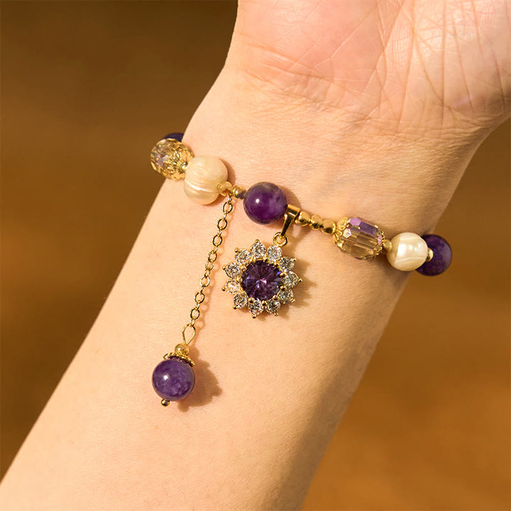 Buddha Stones Natural Amethyst Pearl Sunflower Communication Bracelet - image 3