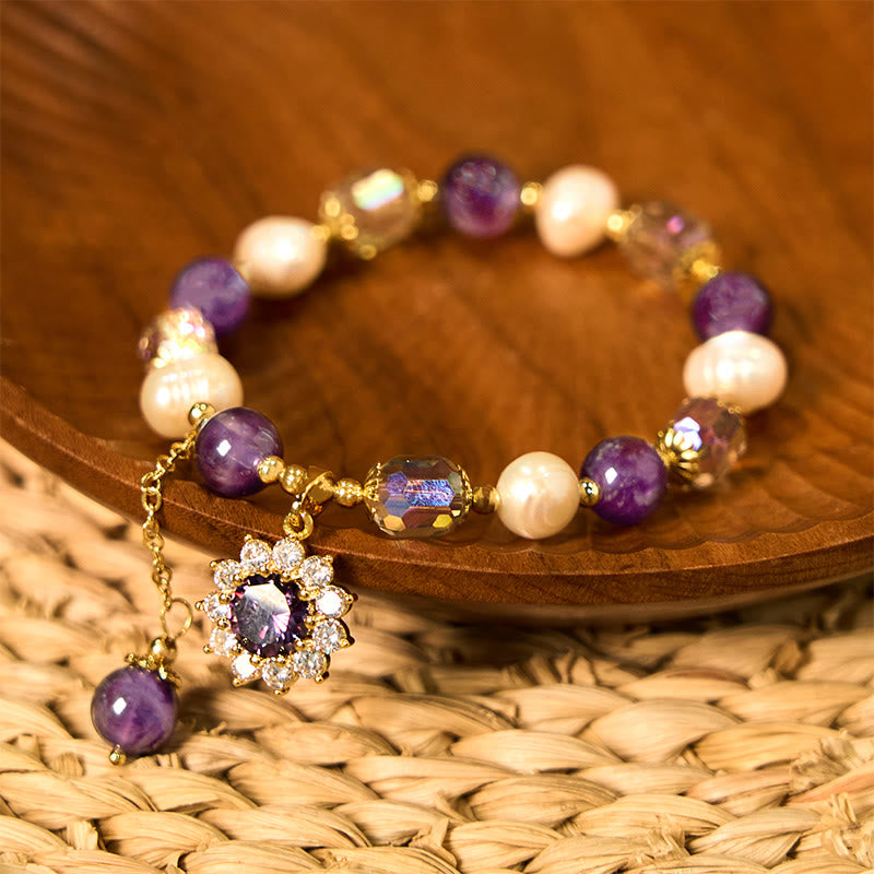Buddha Stones Natural Amethyst Pearl Sunflower Communication Bracelet - image 1