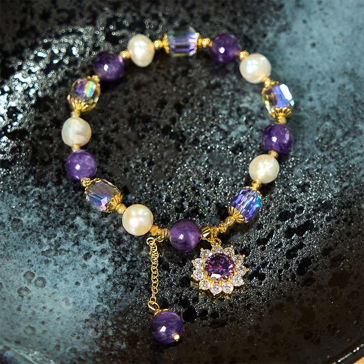 Buddha Stones Natural Amethyst Pearl Sunflower Communication Bracelet - image 5