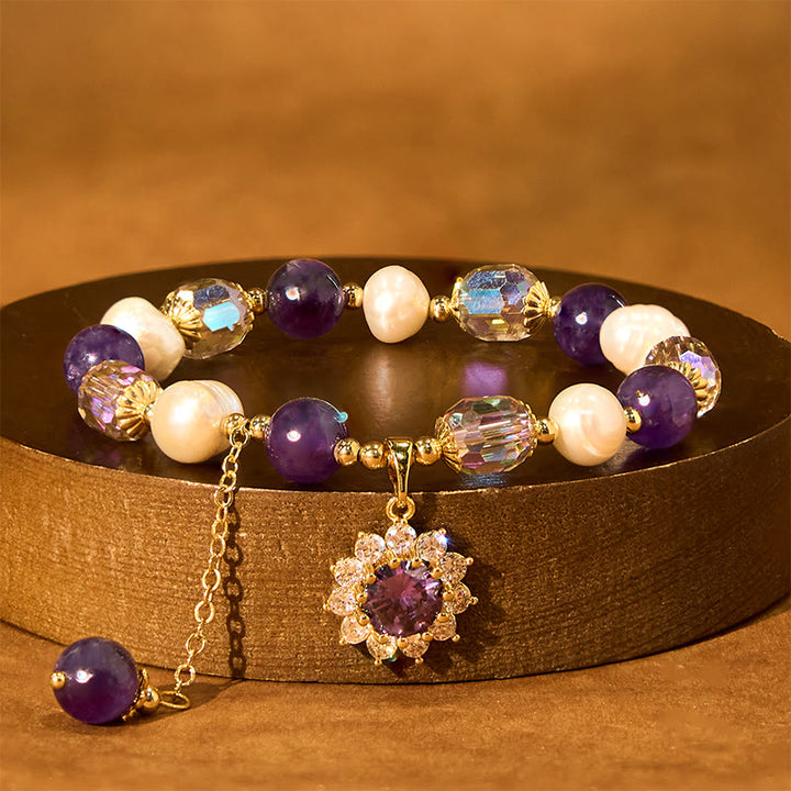 Buddha Stones Natural Amethyst Pearl Sunflower Communication Bracelet - image 2
