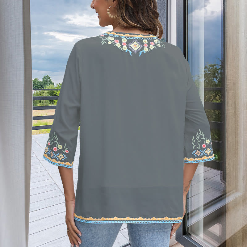 Buddha Stones Spring Daily Embroidery Flower Pattern Long Sleeve V-neck Cotton Women's T-Shirt - image 12