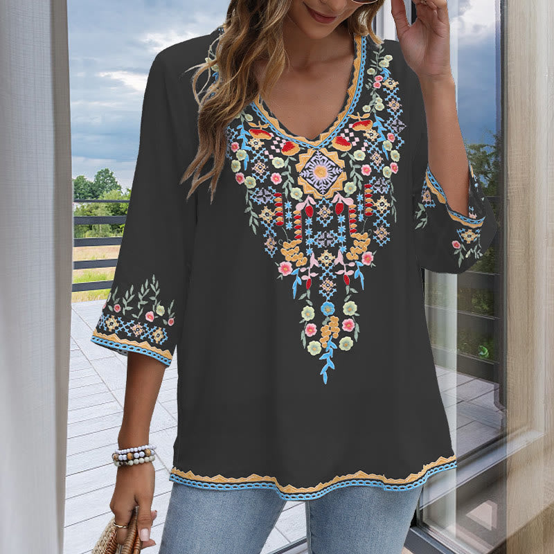 Buddha Stones Spring Daily Embroidery Flower Pattern Long Sleeve V-neck Cotton Women's T-Shirt - image 3