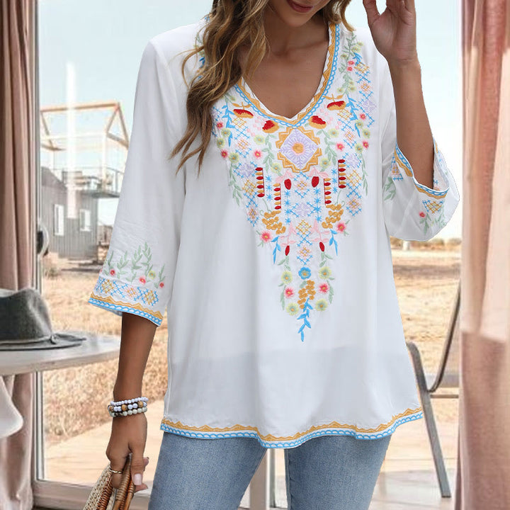 Buddha Stones Spring Daily Embroidery Flower Pattern Long Sleeve V-neck Cotton Women's T-Shirt - image 8