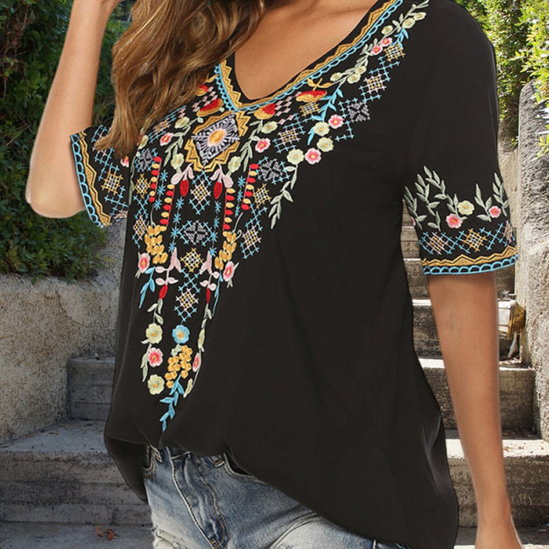 Buddha Stones Embroidery Flower Design Short Sleeve V-neck Cotton Women's T-Shirt - image 12