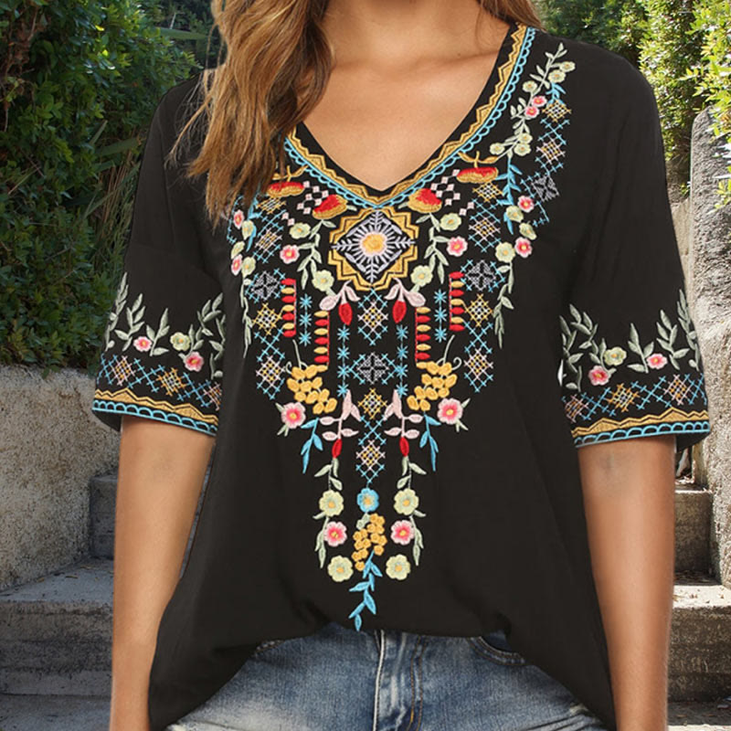 Buddha Stones Embroidery Flower Design Short Sleeve V-neck Cotton Women's T-Shirt - Black - US12，UK/AU16，EU44 (3XL) - image 11
