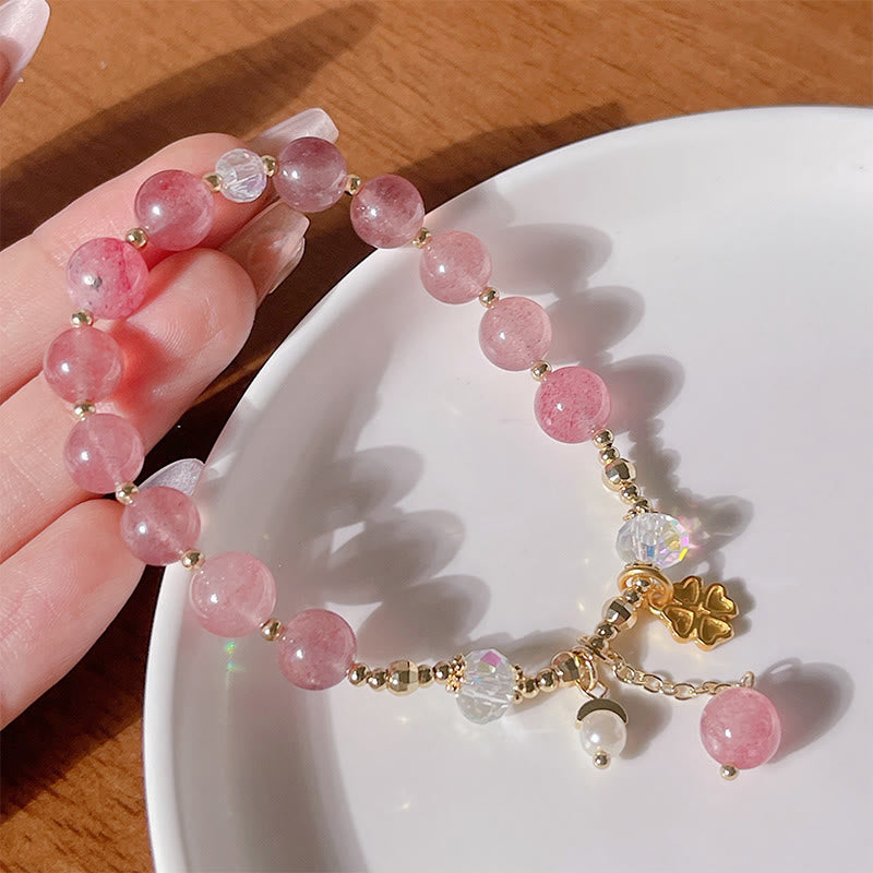 Buddha Stones Natural Strawberry Quartz Four Leaf Clover Healing Bracelet - image 3
