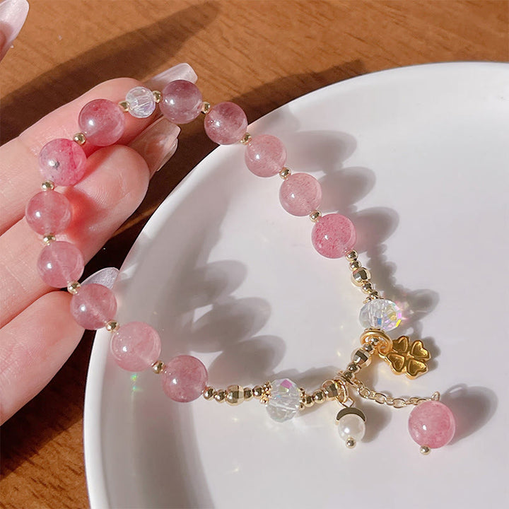 Buddha Stones Natural Strawberry Quartz Four Leaf Clover Healing Bracelet - image 3
