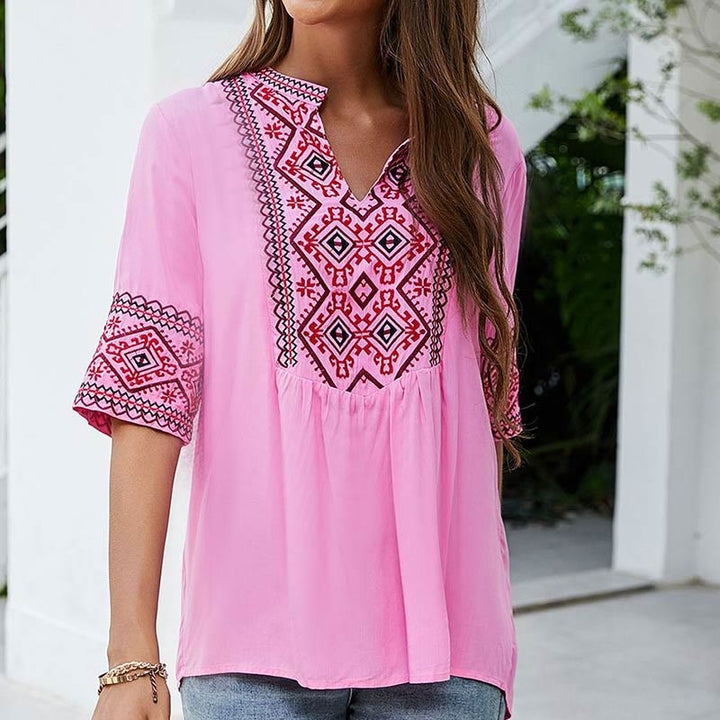 Buddha Stones Summer Boho Embroidery Floral Pattern Half Sleeve V-neck Cotton Women's T-Shirt - image 1