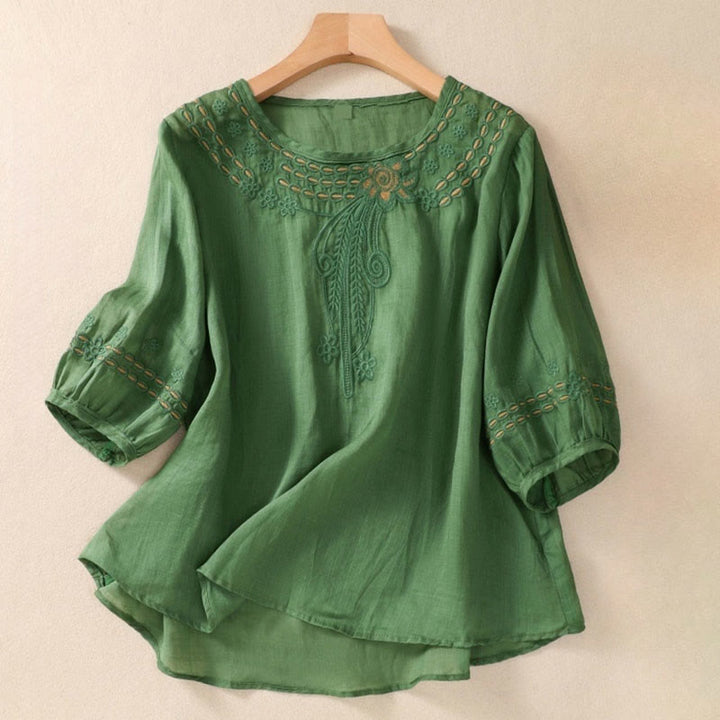 Buddha Stones Artistic Plain Floral Embroidered Design Crew Neck Puff Half Sleeve Women's T-Shirt - SeaGreen - US8-10，UK/AU12-14，EU40-42 (2XL) - image 19
