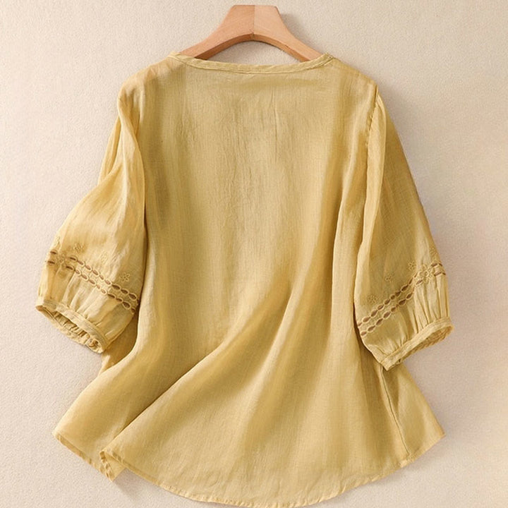 Buddha Stones Artistic Plain Floral Embroidered Design Crew Neck Puff Half Sleeve Women's T-Shirt - image 13