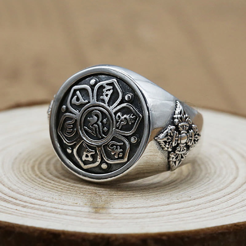 Buddha Stones Tibetan Om Mani Padme Hum Vajra Pattern Copper Focus Rotatable Ring - Silvery - image 1