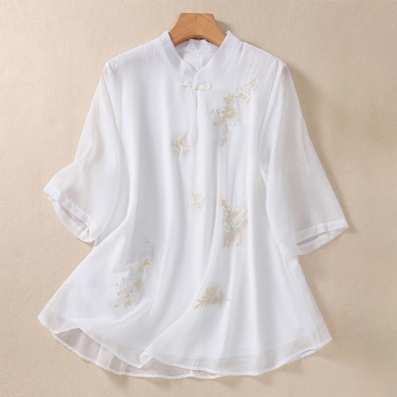Buddha Stones Embroidery Plants Flower Half Sleeve Plain Frog-Button Stand Collar Women's Shirt - Snow - US8-10，UK/AU12-14，EU40-42 (2XL) - image 10