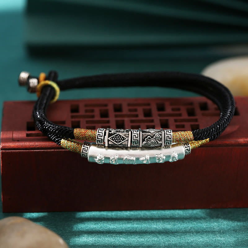 Buddha Stones Dragon Knot Sterling Silver Om Mani Padme Hum Double Hand Woven Bracelet - Black String(Wrist Circumference: 15-20cm) - image 0