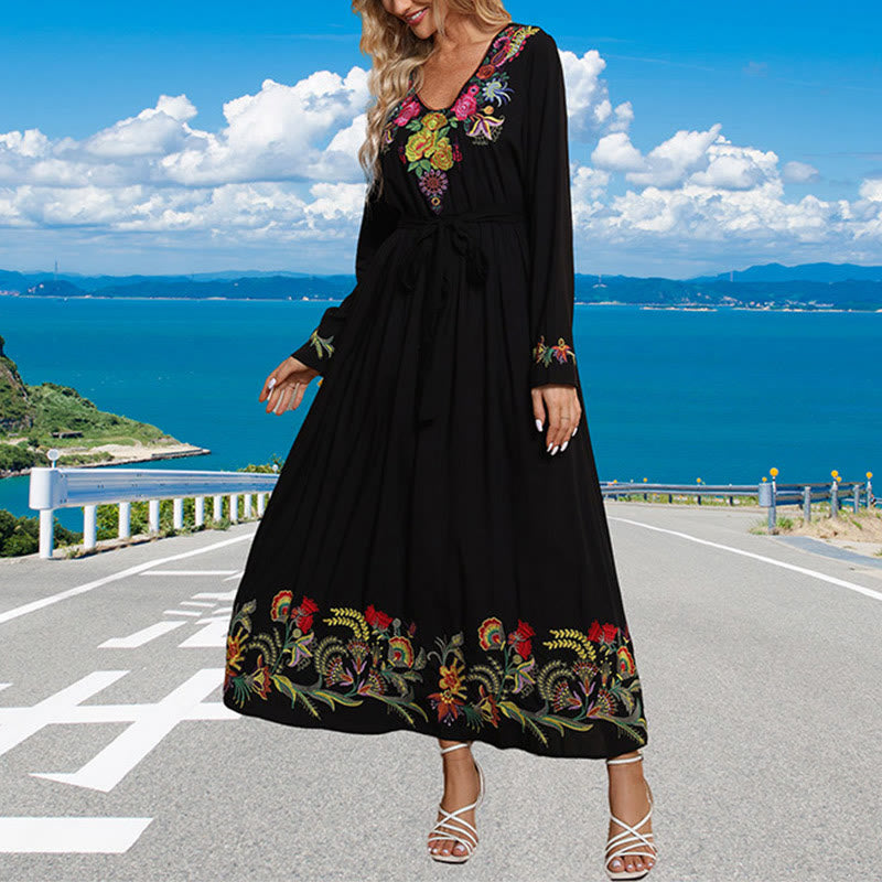 Buddha Stones Black Solid Color Loose Ethnic Embroidery Floral Pattern Cotton Maxi Dress - image 2