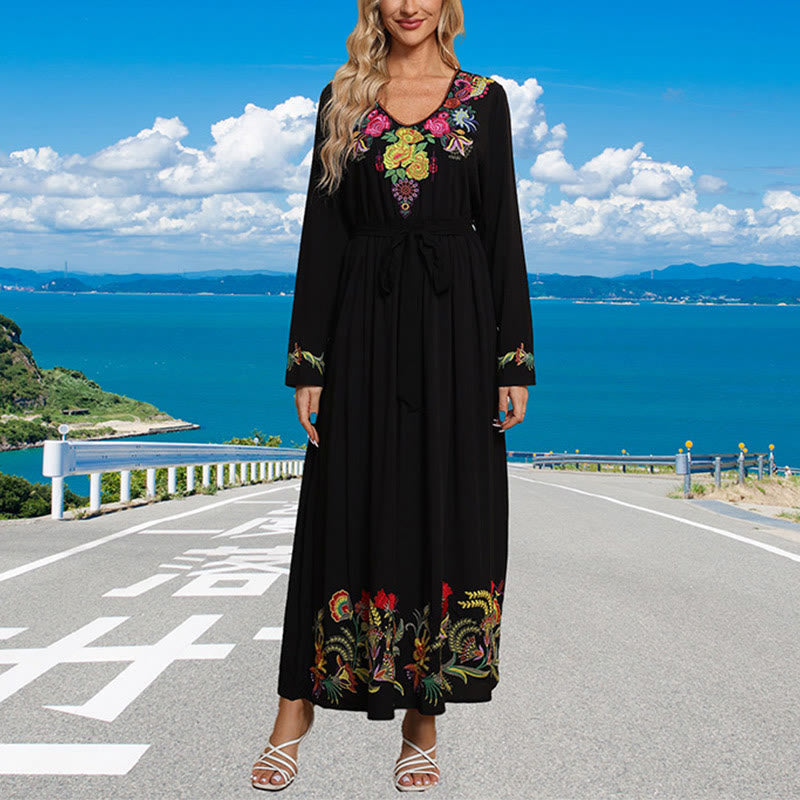 Buddha Stones Black Solid Color Loose Ethnic Embroidery Floral Pattern Cotton Maxi Dress - image 3