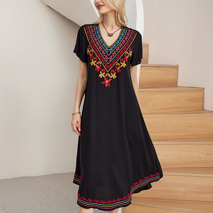 Buddha Stones Black Summer Casual Bohemian Embroidery Geometric Pattern Short Sleeve V-Neck Cotton Midi Dress - image 5