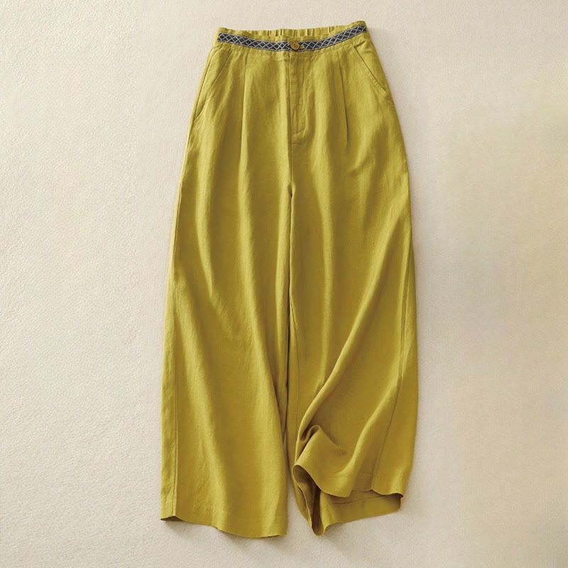 Buddha Stones Summer Plain Color 7-8 Length Cotton Linen Women's Wide Leg Pants With Pockets Zipper - Gold - US8-10，UK/AU12-14，EU40-42 (2XL) - image 0