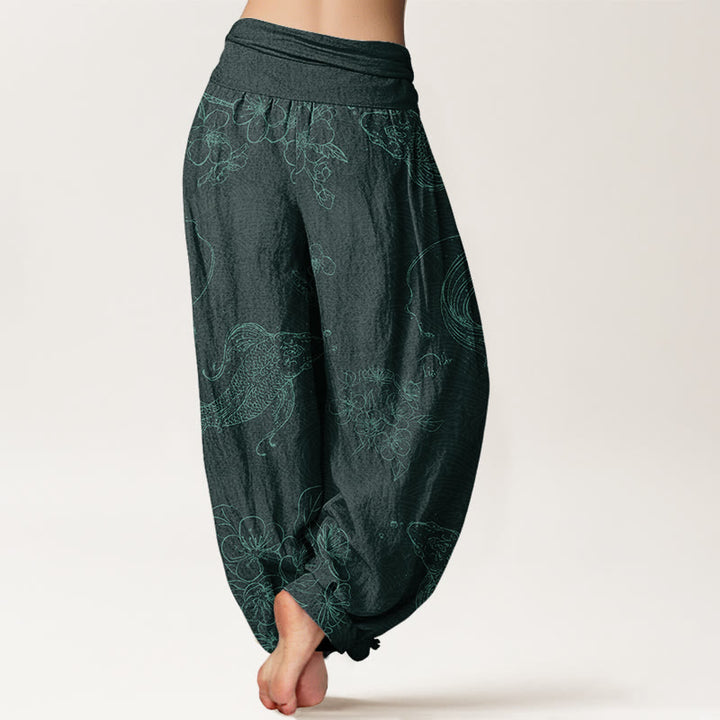 Buddha Stones Cotton Koi Fish Floral Pattern Women's Elastic Waist Harem Pants - image 7