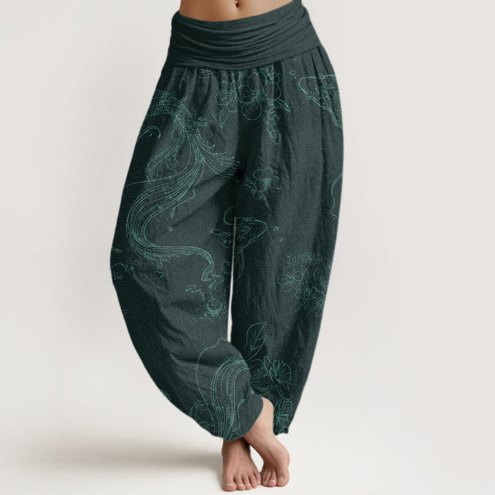 Buddha Stones Cotton Koi Fish Floral Pattern Women's Elastic Waist Harem Pants - DarkCyan - US22，UK/AU26，EU54 (6XL) - image 5