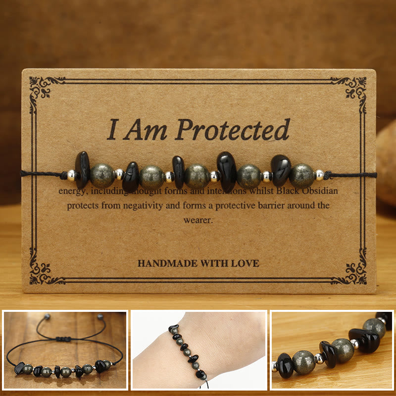 Buddha Stones I Am Protected Iron Pyrite Black Obsidian Fulfillment Bracelet - I Am Protected(Wrist Circumference 14-24cm) - image 0