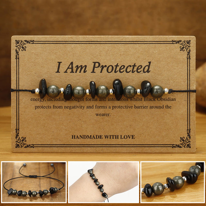 Buddha Stones I Am Protected Iron Pyrite Black Obsidian Fulfillment Bracelet - I Am Protected(Wrist Circumference 14-24cm) - image 0