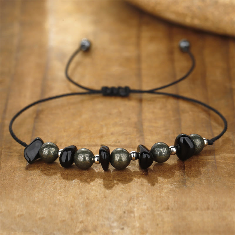 Buddha Stones I Am Protected Iron Pyrite Black Obsidian Fulfillment Bracelet - image 4