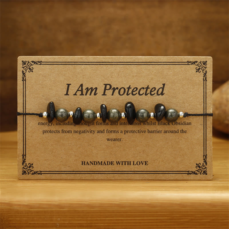 Buddha Stones I Am Protected Iron Pyrite Black Obsidian Fulfillment Bracelet - image 1
