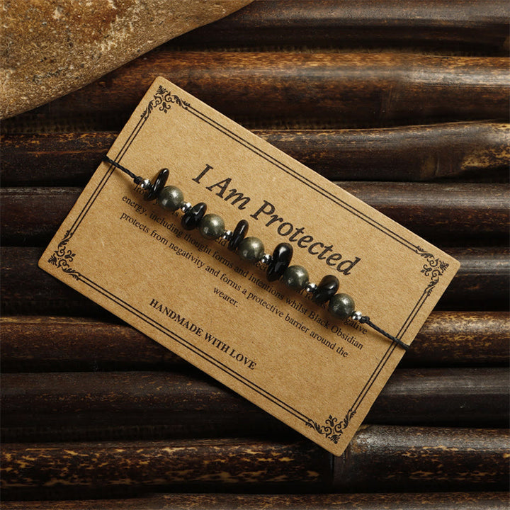 Buddha Stones I Am Protected Iron Pyrite Black Obsidian Fulfillment Bracelet - image 3