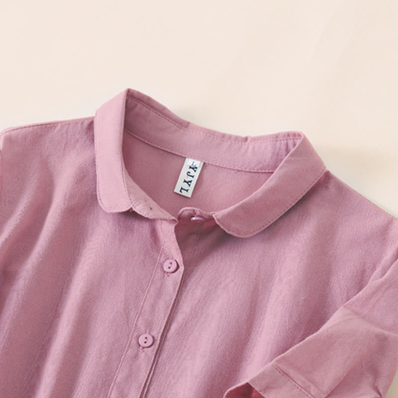 Buddha Stones Summer Buttons Design Short Sleeve Cotton Linen Midi Dress With Pockets - image 1