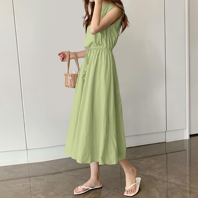 Buddha Stones Casual Eastic Waist Drawstring Design Short Sleeve Midi Dress - PaleGreen - US8-10，UK/AU12-14，EU40-42 (2XL) - image 28