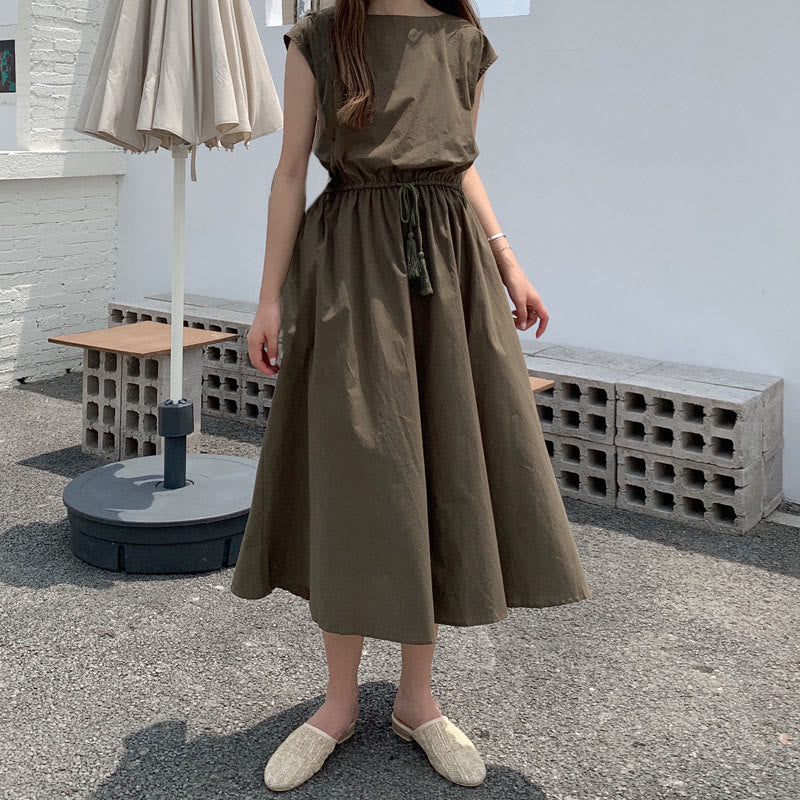 Buddha Stones Casual Eastic Waist Drawstring Design Short Sleeve Midi Dress - Olive - US8-10，UK/AU12-14，EU40-42 (2XL) - image 26