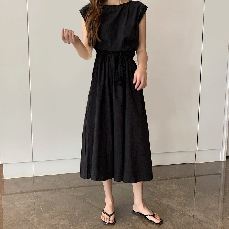 Buddha Stones Casual Eastic Waist Drawstring Design Short Sleeve Midi Dress - Black - US8-10，UK/AU12-14，EU40-42 (2XL) - image 11