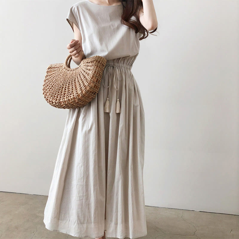 Buddha Stones Casual Eastic Waist Drawstring Design Short Sleeve Cotton Linen Midi Dress - Linen - US8-10，UK/AU12-14，EU40-42 (2XL) - image 0