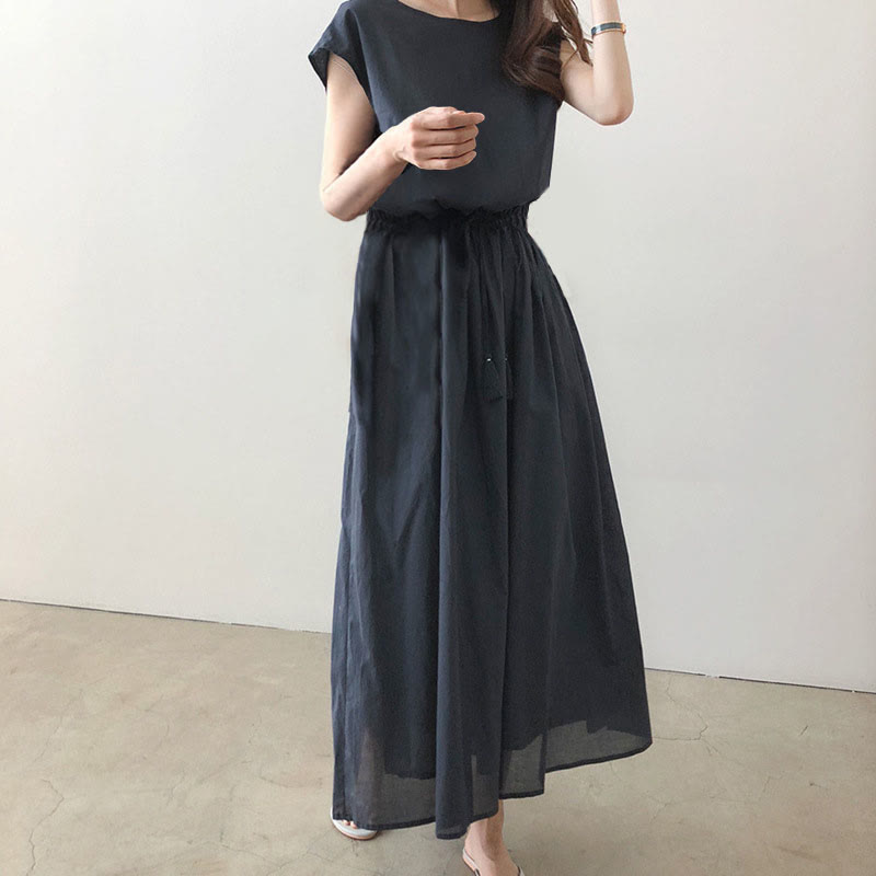 Buddha Stones Casual Eastic Waist Drawstring Design Short Sleeve Midi Dress - SteelBlue - US8-10，UK/AU12-14，EU40-42 (2XL) - image 14