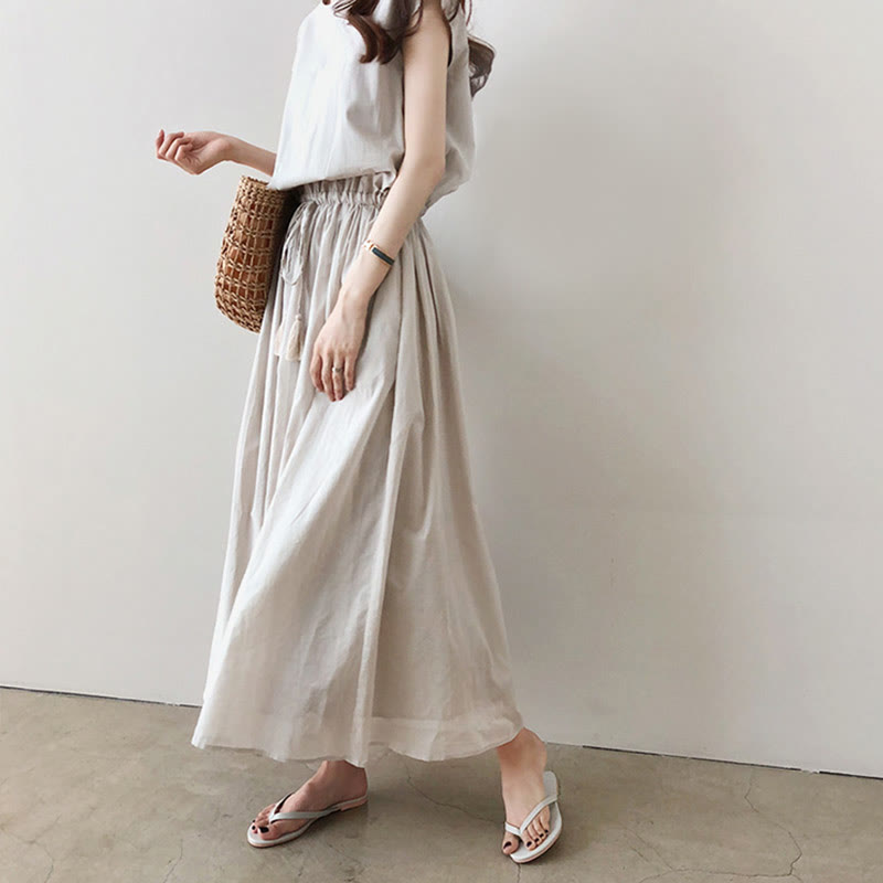 Buddha Stones Casual Eastic Waist Drawstring Design Short Sleeve Cotton Linen Midi Dress - image 1