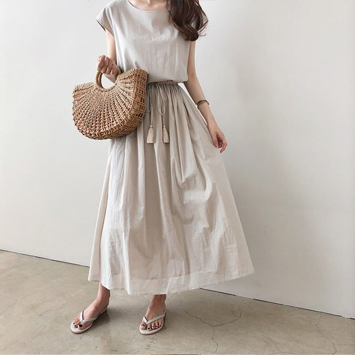 Buddha Stones Casual Eastic Waist Drawstring Design Short Sleeve Midi Dress - image 8