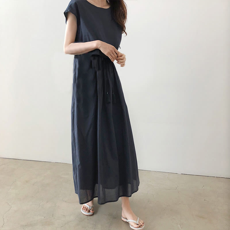 Buddha Stones Casual Eastic Waist Drawstring Design Short Sleeve Midi Dress - image 16