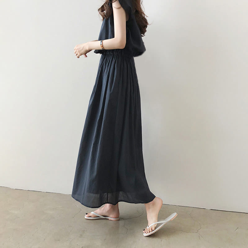 Buddha Stones Casual Eastic Waist Drawstring Design Short Sleeve Midi Dress - image 17