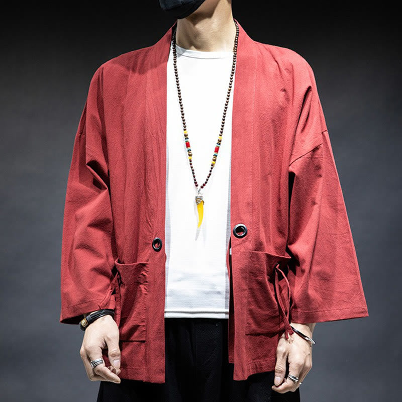 Buddha Stones Solid Color Lace-up Open Front Jacket Cotton Men's Kimono - image 16