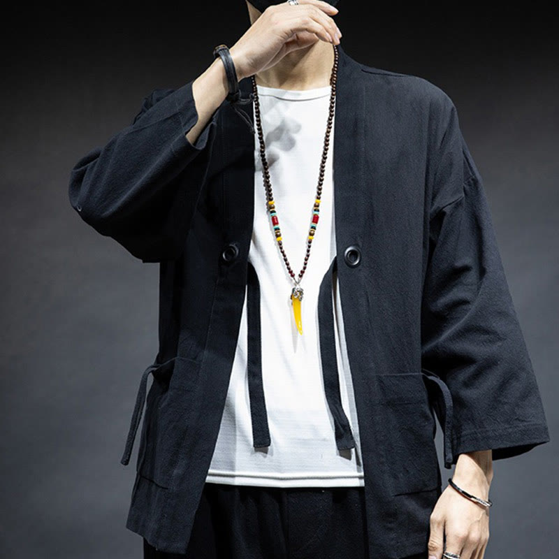 Buddha Stones Solid Color Lace-up Open Front Jacket Cotton Men's Kimono - image 9
