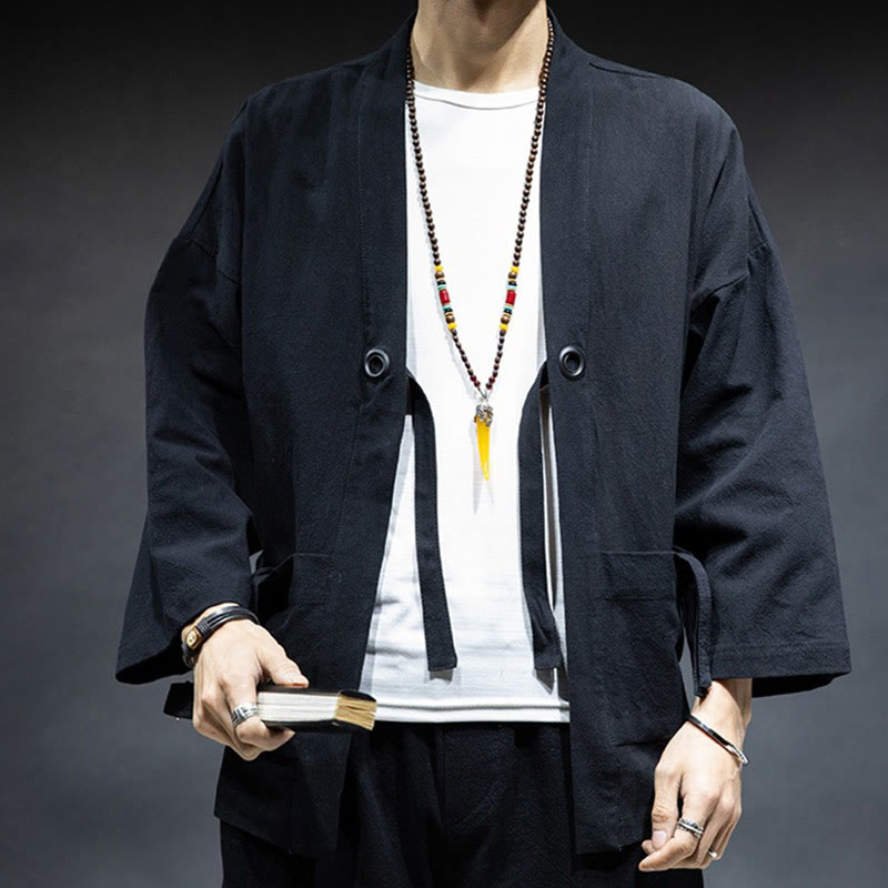 Buddha Stones Solid Color Lace-up Open Front Jacket Cotton Men's Kimono - image 8